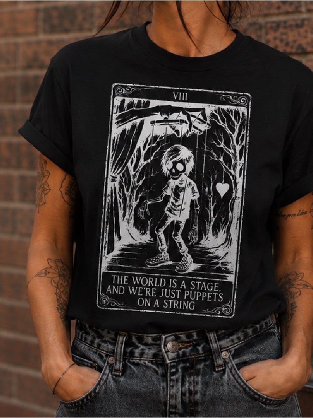 Graphic Black T-Shirt with Puppet Stage Print